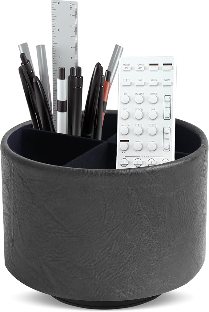 Hennaja Round Leather Art Supply Organizer,Remote Control Holder,360 Degree Spinning,Multi-Functional Pencil Holder,4 Compartments Desktop Stationary Organizer(1-Crazy Black)