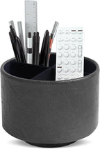 Hennaja Round Leather Art Supply Organizer,Remote Control Holder,360 Degree Spinning,Multi-Functional Pencil Holder,4 Compartments Desktop Stationary Organizer(1-Crazy Black)