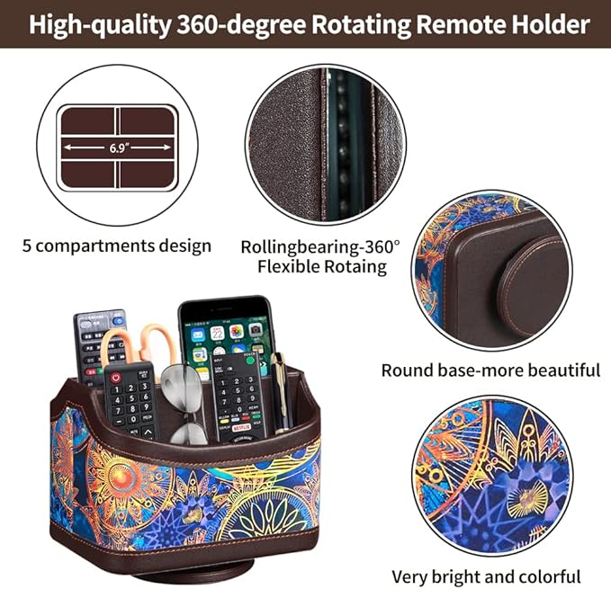 PUSU 360°Rotatable Remote Control Holder, PU Leather TV Remote Holder Caddy for Table, Bright and Colorful Art Supply Organizer Pen Holder, Multi-Functional Desk Organizer Living Room Office Decor