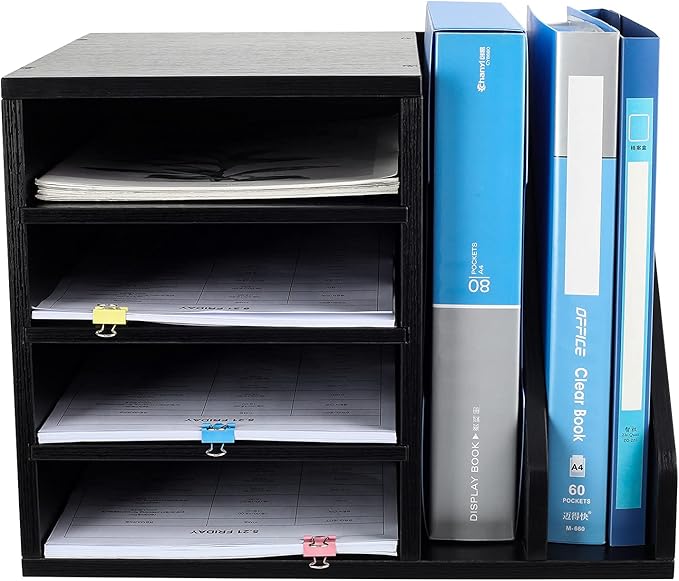 PAG Wood Desktop File Holder Organizer Mail Sorter for File Folders, Mails, Envelopes, Mailing Supplies or Magazines, Black