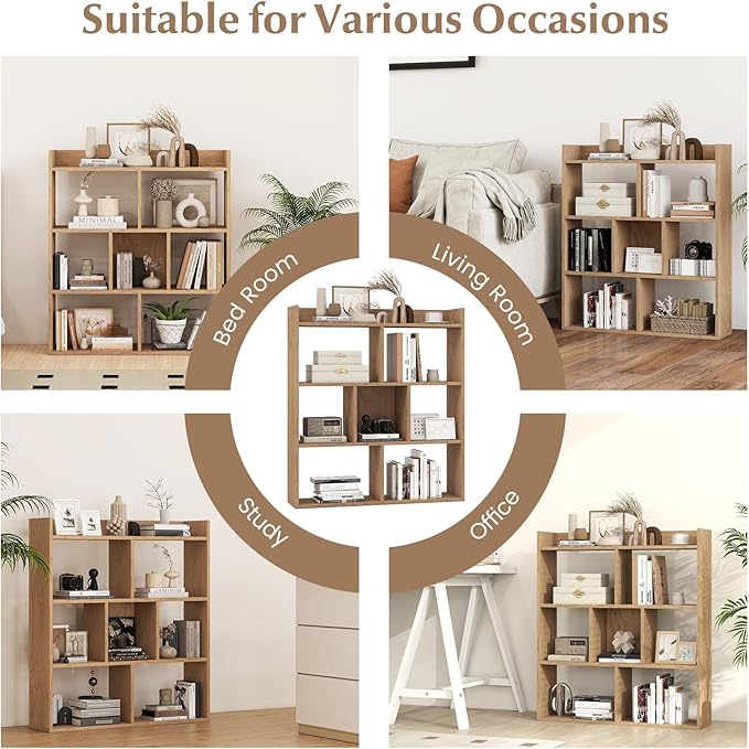 Giantex 7 Cubes Bookshelf, Free-Standing Wooden Bookcase, 4 Tier Home Display Shelf, Horizontal Storage Unit w/Anti-Toppling Devices, Open-Back Display Rack for Study, Living Room (2, Natural)