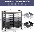 Rolling Storage Cart with 12 Drawers, Wooden Tabletop Utility Cart for Craft Storage, Art Supply Storage & Home Office Organization, Teacher Cart with Wheels for Classroom Organization, School (Grey)