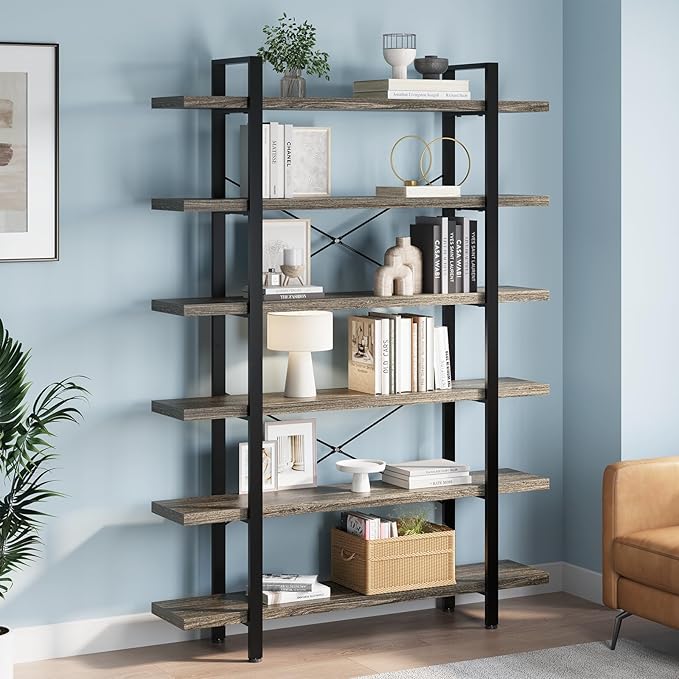 FURSUN Heavy Duty 6 Tier Bookcase, 80-in Tall Industrial Modern Large Bookshelf, Wood Farmhouse Bookcases Book Shelves and Metal Frame for Office, Bedroom, Living Room, Grey