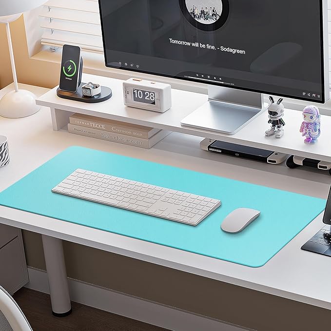 Boutilon Leather Desk Pad Protector,Non-Slip Mouse Pad,Laptop Desk Pad,Office Mouse Mat,Waterproof Leather Desk Blotter,Desk Writing Pad for Office and Home (M-Bright Blue,30"x14")