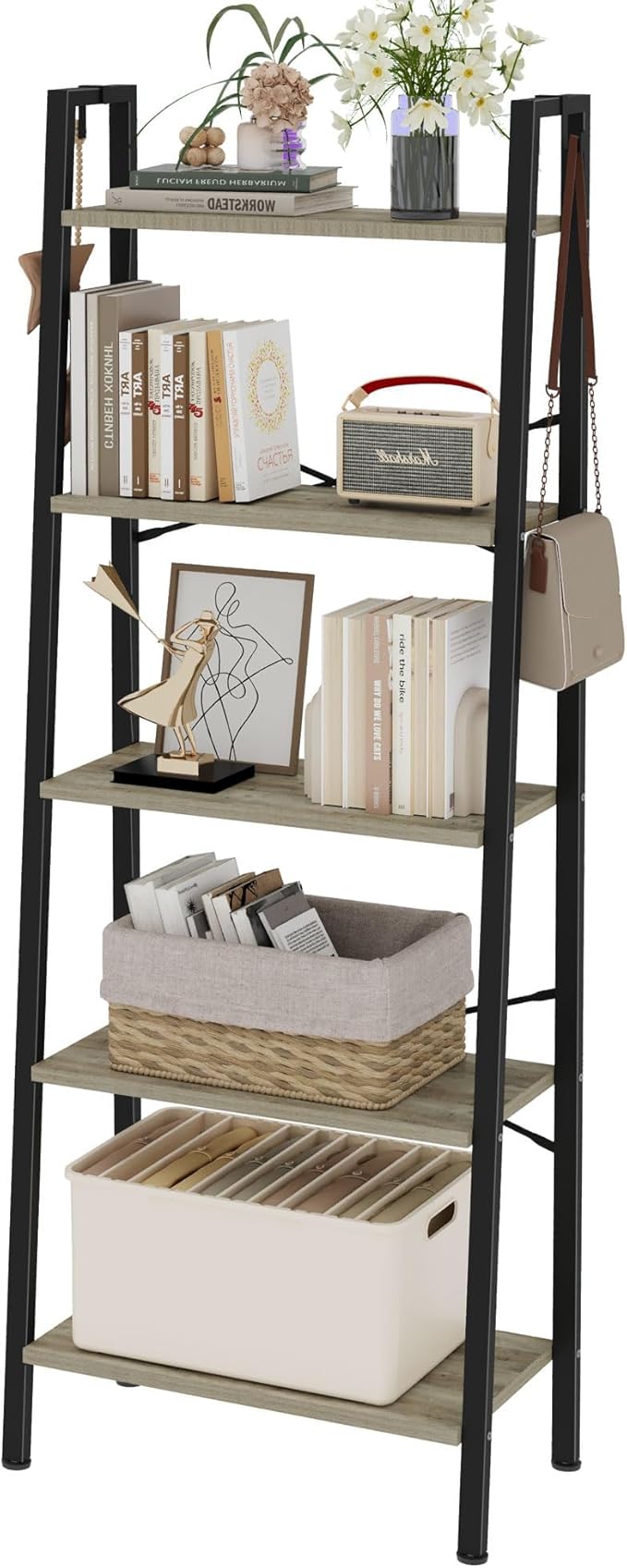Hzuaneri Ladder Shelf, Bookshelf Bookcase, Freestanding Corner Storage Shelve with 2 Hooks for Home Office, Living Room, Kitchen, Bedroom, Industrial, 11.8" D x 23.6" W x 63" H, Greige BC19305B