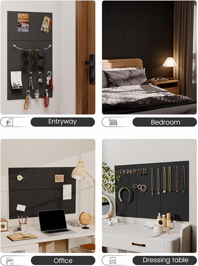 Fluxynara Felt Bulletin Board Tiles -28"x18" Cork Board Alternative for Office Decor, Push Pin Board Wall Organizer 6-Pack - Black
