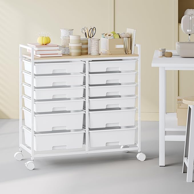 Rolling Storage Cart with 12 Drawers, Wooden Tabletop Utility Cart for Craft Storage, Art Supply Storage & Home Office Organization, Teacher Cart with Wheels for Classroom, School (White)