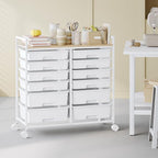 Rolling Storage Cart with 12 Drawers, Wooden Tabletop Utility Cart for Craft Storage, Art Supply Storage & Home Office Organization, Teacher Cart with Wheels for Classroom, School (White)