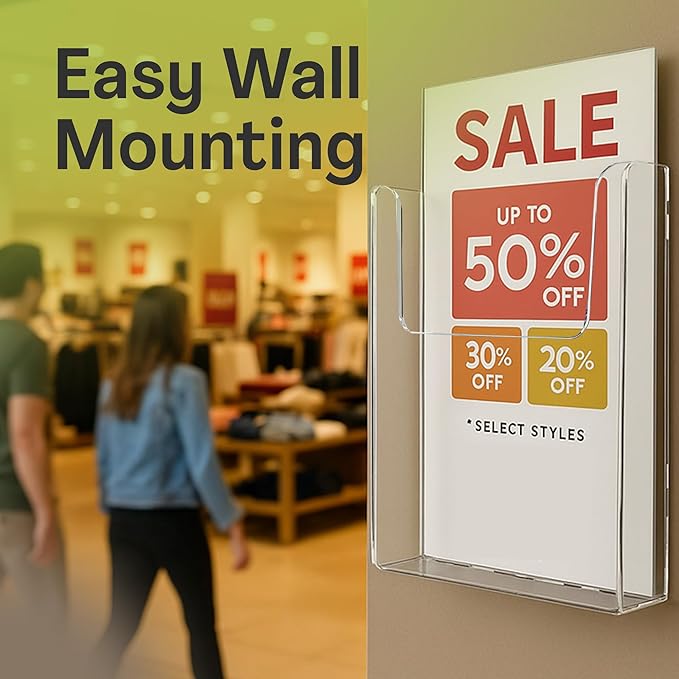 Top Notch Displays Acrylic Brochure Holder for Wall Mounting, Clear Display for 8.5" x 11" Flyers, Literature Holder for Magazines, Pamphlets, Menus, Includes Screws & Plastic Anchors – Pack of 4