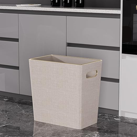 Beige White Trash Can Waste basket,3/4 Gallon Office Pu Leather Wastebasket with Gold-Tone Edging Decoration for Bathroom, Garbage Cans for Toilet Bedroom Living Room, Office home modern decor
