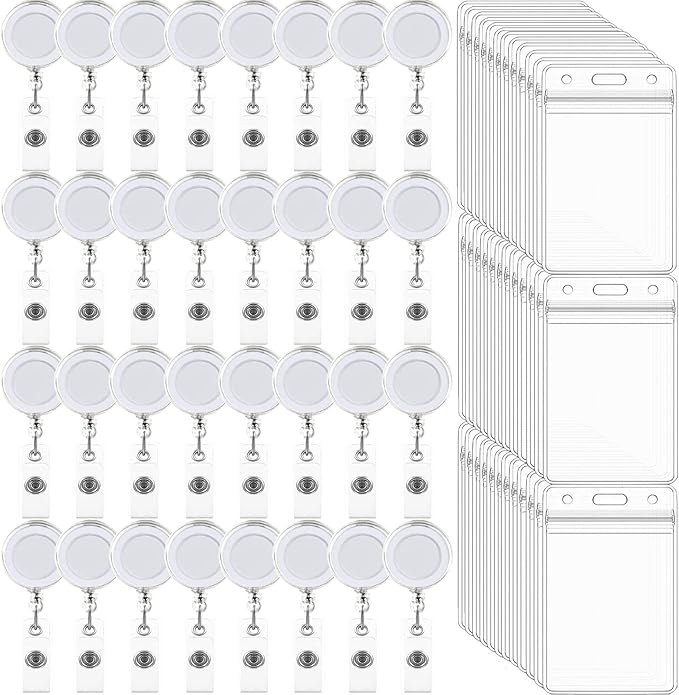 100 Pack Retractable Badge Reel Clips with 100 Pack Vertical ID Card Holders Retractable Badge Holders with Clip ID Badge Clips with Name Card Holder for Nurses Office School,Transparent