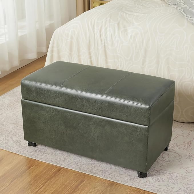 Joveco 32" Faux Suede Storage Ottoman Bench with Wheel, Rectangle Foot Rest Stool for Living Room, Bedroom, Entryway,Moss Green