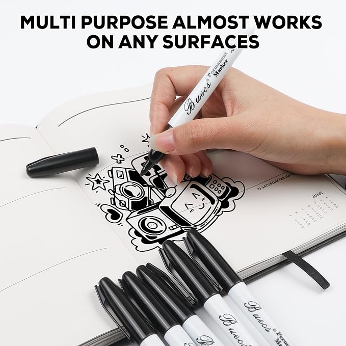 Buecs Permanent Markers, 60 Count Black Permanent Markers, Fine Point, Waterproof & Smear Proof Markers, Quick Drying, Office Supplies for School, Office, Home