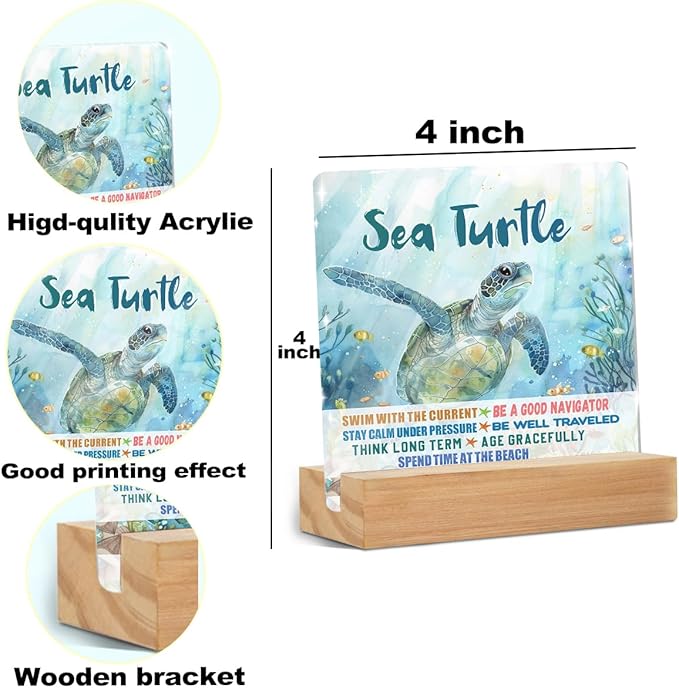 Sea Turtle Decor Desk Acrylic Sign 4x4 inch, Turtle Gifts for Women Men Coworkers, Beach Decorations for Home Bedroom Bathroom, Motivational Gifts Table Cubicle Decor and Accessories