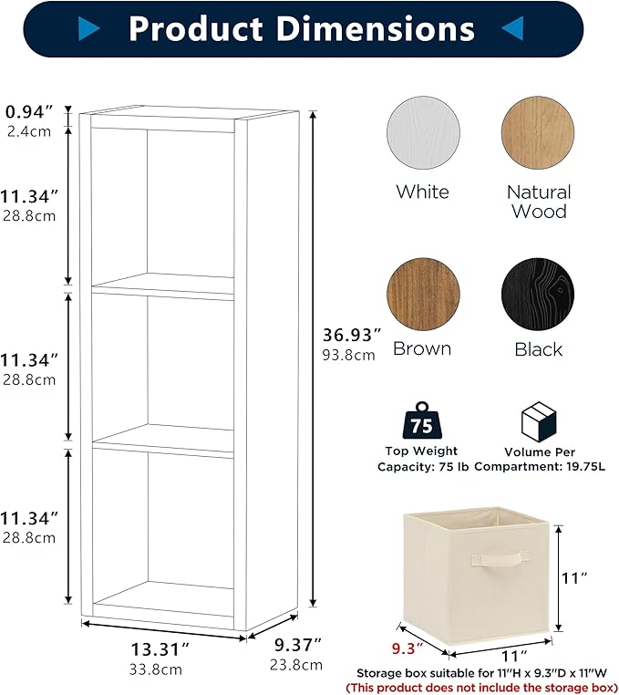 3 Cube Storage Organizer Single Row, Cube Shelf with Heavy-Duty Thick Boards, 13.31"L x 9.37"W x 36.93"H, Smooth Easy-Clean Panels, Simple Assembly, for Living Room Bedroom Office, Natural-Oak