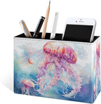 Famame Cute Watercolor Jellyfishes Pencil Holder for Desk, Leather Desktop Container Pen Cup Storage Study Table Pen Organizer Makeup Brush Holder for Classroom Office Home