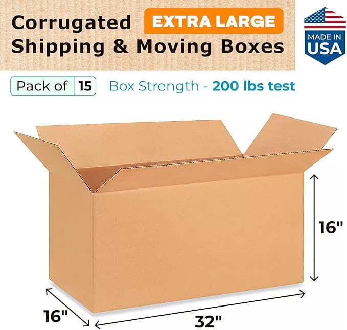 Extra Large Shipping & Moving Boxes 32"L x 16"W x 16"H (15-Pack) - Extra Strength 200 lb vs Regular - Corrugated Cardboard Boxes for UPS, FedEx - Cardboard Box Moving - Large Box by IDL Packaging