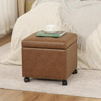 Adeco 16.7" H Vintage Golden Brown Leather Storage Ottoman with 360 Caster Wheels, Square Foot Stool with Decorative Bronze Thumb Tacks & 330 LB Load Capacity