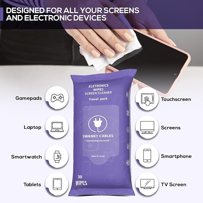 Swanky Cables Screen Cleaner Wipes: Electronic Wipes for Screens - Computer Screen Wipes for Lens, Phone, Tv Screen and Monitor Cleaning - Tech Wipes & Microfiber Cloth (Soft Wipes, 90 Count)