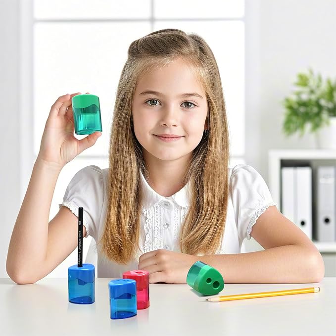 AUSTARK 24Pcs Pencil Sharpener Manual, Assorted Color Small Dual Hole Pencil Sharpeners Bulk with Lid for School Office Home (Triangle-24)