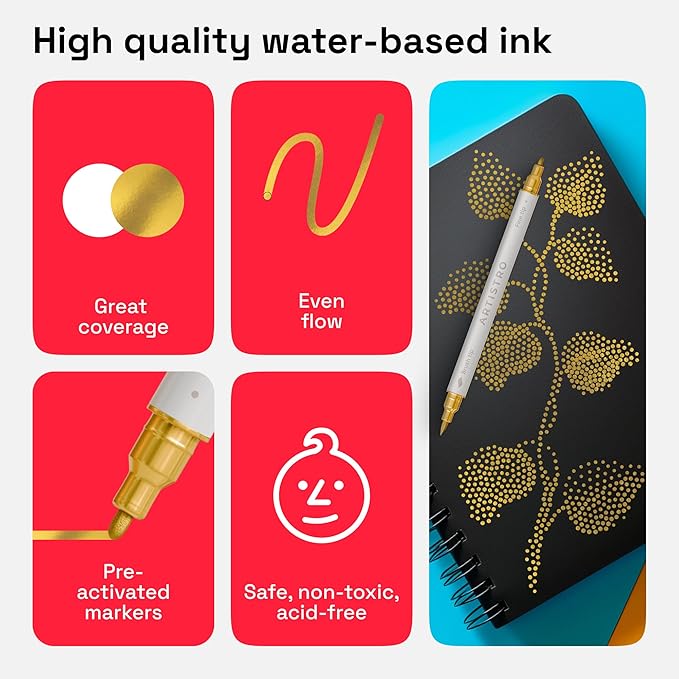 ARTISTRO 5 Gold Acrylic Paint Markers - Paint Pens Dual Tip Brush + Fine Ideal for Calligraphy - Perfect for Fabric, Rock, Glass, Wood, DIY - Art Supplies, Stocking Stuffers, Christmas Gift Idea