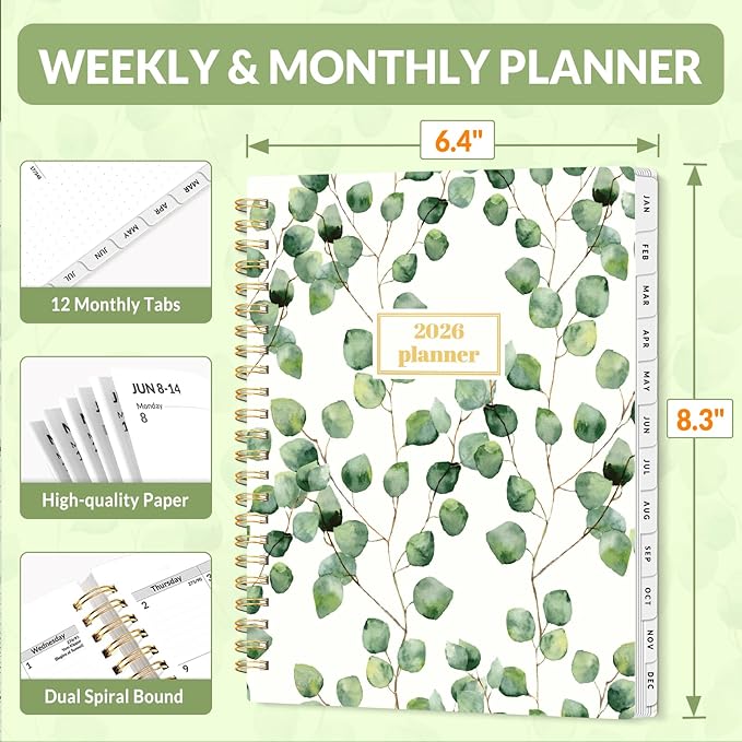 SUNEE 2026 Planner, Weekly and Monthly Calendar Planner, January 2026-December 2026, Daily Agenda with Tabs, Note Pages, Spiral Binding, 6.4"x8.3", Eucalyptus