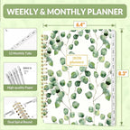SUNEE 2026 Planner, Weekly and Monthly Calendar Planner, January 2026-December 2026, Daily Agenda with Tabs, Note Pages, Spiral Binding, 6.4"x8.3", Eucalyptus