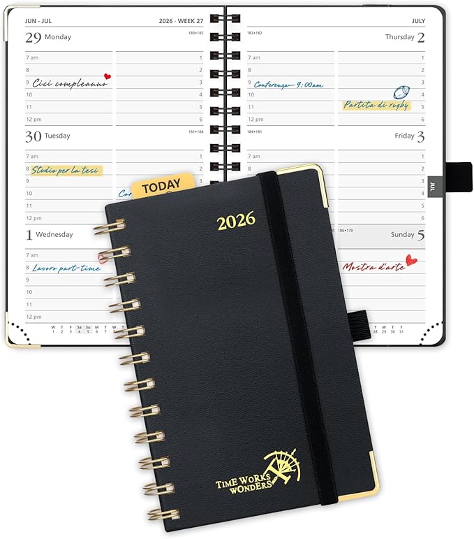 POPRUN 2026 Pocket Planner with Hourly Time Slots for Purse, (Small Size-4'' x 6.25'') - Daily Weekly and Monthly Calendar Agenda 2026 Appointment Book with Inner Pocket, 100 GSM - Black