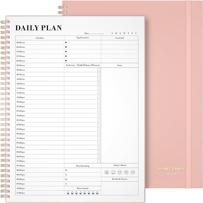 Asten Daily Planner with To Do List, Hourly Agenda, Spiral Notebook - Day Planner for Women, Men & ADHD - 8.5" x 11" (Pale Pink)
