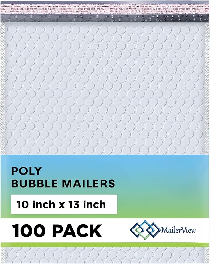 White 10x13 Inch Poly Bubble Mailers |Self Seal Padded Envelopes for Thick books | Air Cushioned Bubble Mailer | Usable Size 9.5x13 Inch | Waterproof Lightweight Mailing Shipping Bags | 100 Pack Bulk
