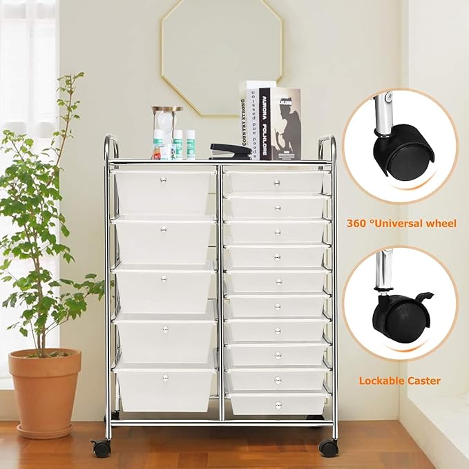 LDAILY 15 Drawer Rolling Storage Cart, Rolling Cart with Drawers for Classroom, Art Supply Craft Organizer on Wheel with Metal Frame & Handles for Home Office School