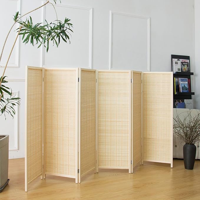 Furnnylane 6 Panel Short Room Divider Screen,Beige Freestanding Partition,Small Bamboo Panel Divider for Room Seperation,3.95 FT Tall
