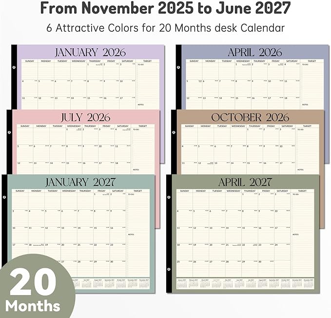 Forvencer 22" x 17" Large Desk Calendar 2026, 20 Months Calendar Runs from November 2025 to June 2027, 2026 Desk Calendar Monthly Planner with Plastic Cover for Home School Office, Green