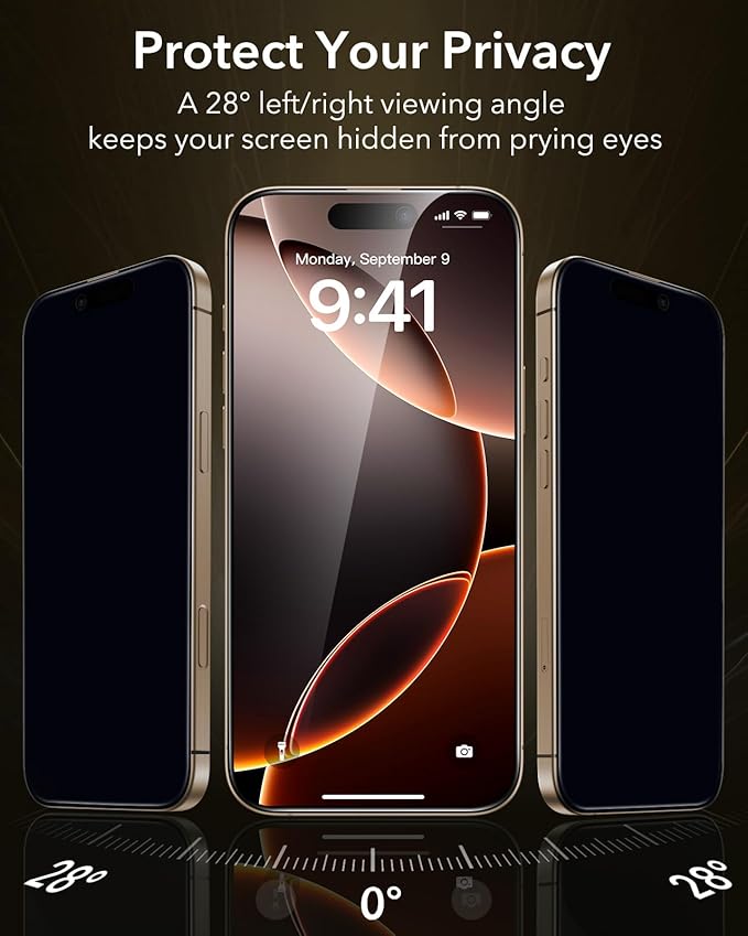 ESR Accessory Glass by Corning™ 3 Pack 9H+ Glass for iPhone 16 Pro Max Privacy Screen Protector, Military Grade Shatterproof & Durable with UltraFit Tray