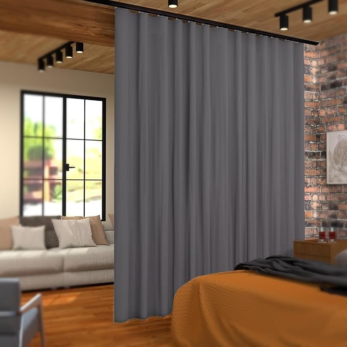 hoeflife Room Divider Curtains Blackout Floor to Ceiling Curtain with Hook Wall Mount Sliding Door Curtains Ceiling Mount Extra Wide Curtain Wall Divider for Room Separation (Grey, W180 x H108 Inch)