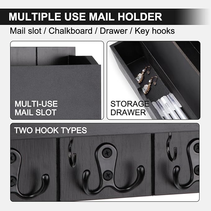 Lucundm Mail and Key Holder Wall Mount with Storage Drawer – Modern Wooden Mail Organizer for Wall Entryway, 7 Key Hooks & Chalkboard Panel – Stylish Home Decor for Apartments, Living Room, Office