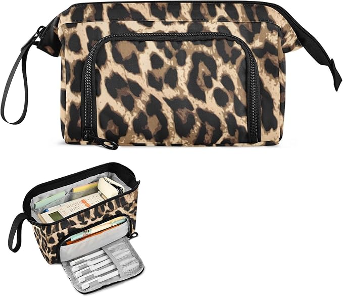 Bolaz Big Capacity Pencil Pen Case Pouch Bag School College Office Organizer for Teens Girls Adults Student-Brow-black Leopard Print