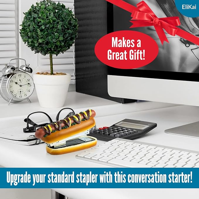 ELIKAI Hot Dog Stapler, Funny Gifts for Teachers and Principals, Unique Desk Accessory, Ideal Back-to-School Gift for Classroom or Teacher Lounge Decor, Includes 1000 Staples, Brown, 7 oz