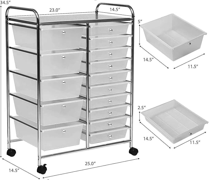 HAPPYGRILL 15-Drawer Rolling Cart, Storage Carts with Removable Drawers & Steel Frame, Utility Cart on Lockable Wheels for Home, School, Office, Pink