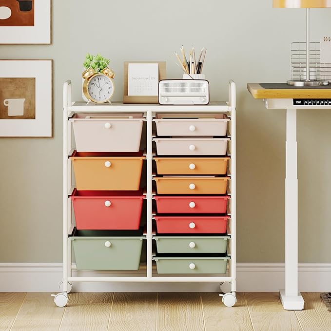 LDAILY 12 Drawer Rolling Storage Cart, Rolling Cart with Drawers for Classroom, Art Supply Craft Organizer on Wheel with Metal Frame & Handles for Home Office School (Macaron, 12 Drawer Left-Right)