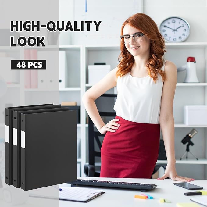 Henoyso 48 Pcs 3 Ring Binder 0.5 Inch Round Fits Letter Size 8.5'' x 11'' Paper Plastic Flexible Binder Bulk Holds 140 Sheets with 1 Pockets Versatile Organizer for Home Office School (Black)