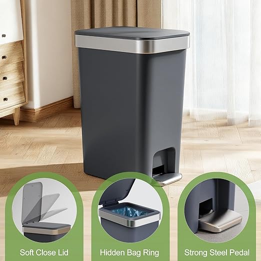 accep Bathroom Trash Can with Lid, 2.6 Gallon /10 Liter Small Garbage Can, Press Top Bin & Step Metal Pedal Trash Bin Wastebasket for Bedroom, Office, Kitchen, Dorm (Black Gray)