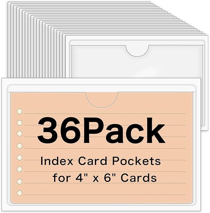 36 Pack Adhesive 4" x 6" Index Card Pockets with Top Open for Loading, Clear Plastic Labels Holders for Organizing, Storage Bins, Library Card, Totes, Shelves