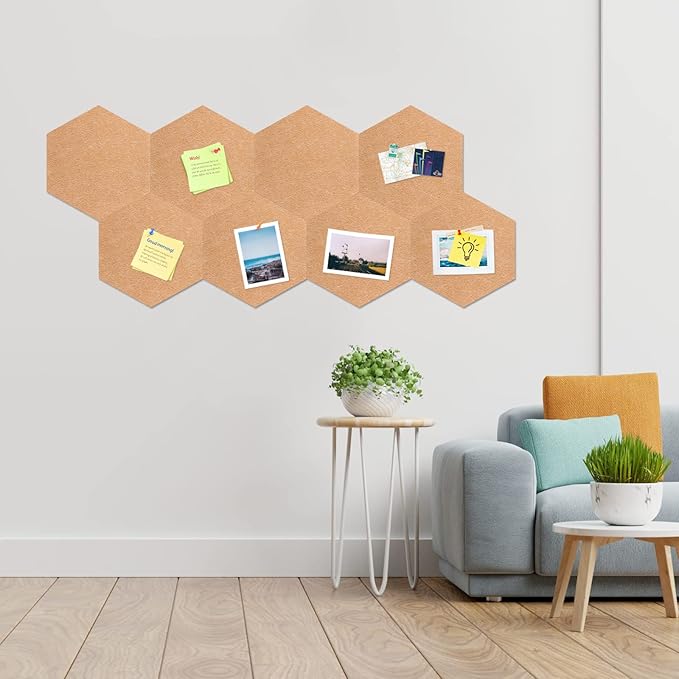 Uoisaiko 12" Large Bulletin Board with 30 Push Pins, Pack of 8 Hexagon Felt Pin Board Notice Boards for Home Office, Felt Wall Tiles for Photos Memos (Brown)