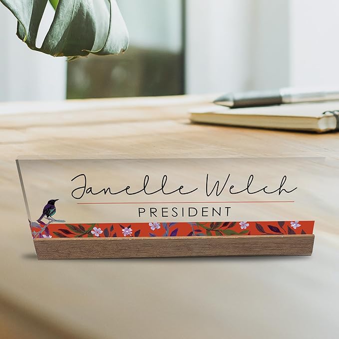 Artblox Personalized Office Desk Name Plate and Business Card Holder | Clear Acrylic Glass with Teak Wood Stand | Bird Singing Design Customized with Your Name and Credentials Office Desk Décor 8x2.5
