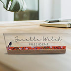 Artblox Personalized Office Desk Name Plate and Business Card Holder | Clear Acrylic Glass with Teak Wood Stand | Bird Singing Design Customized with Your Name and Credentials Office Desk Décor 8x2.5