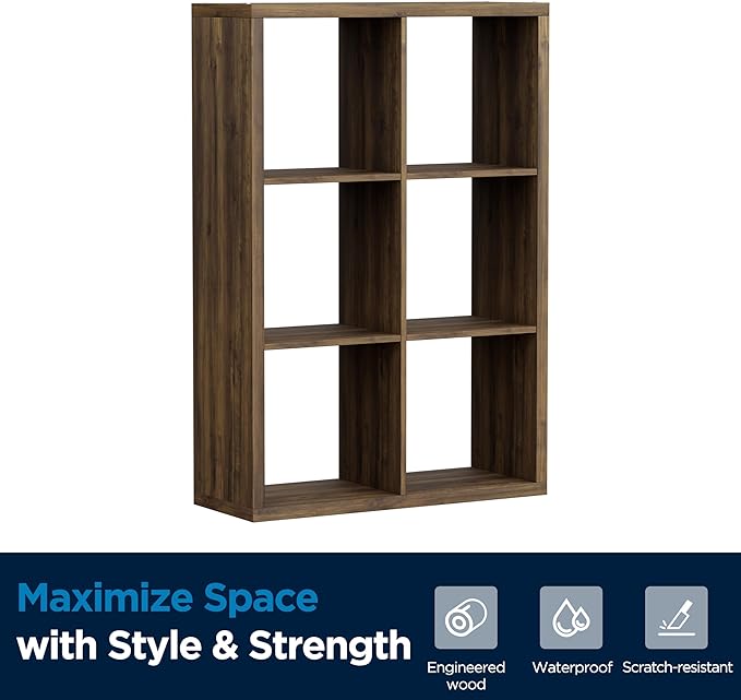6 Cube Storage Organizer, 2x3 Cube Bookshelf, Cubby Storage Shelf, Wooden Organizer Shelf with Thickened Boards, for Closet Bedroom Home Office Living Room, 36.93" L x 9.37" W x 25.12" H, Brown