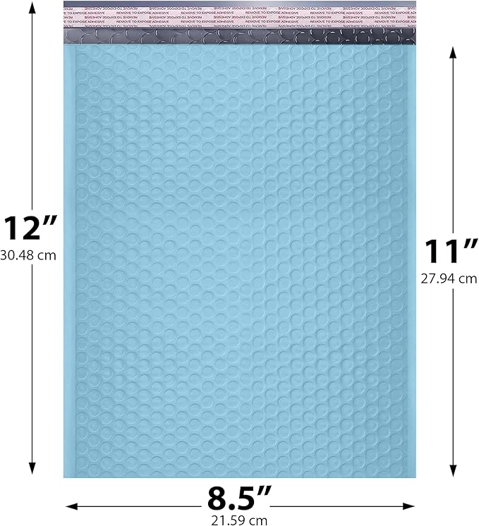 Light Blue Poly Bubble Mailers 8.5x12 inch #2 | Self Seal Padded Envelopes | Cushioned Bubble Mailer | Usable Size 8.5x11 | Water Proof | Lightweight mailing Shipping Bags | 100 Pack Bulk