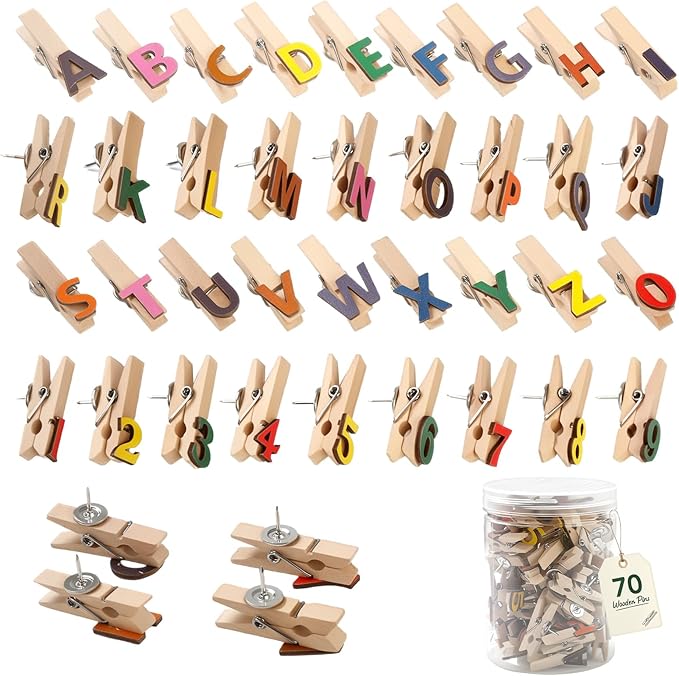 Byvood 70 Pcs Alphabet & Number Push Pins with Wooden Clips – Colorful Letter A-Z & 1-9 Thumb Tacks for Cork Board, Bulletin Board, Classroom Decor, Office Supplies