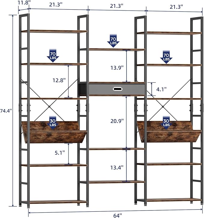 NUMENN Triple Wide 6 Tier Bookshelf, Adjustable Rustic Industrial Style Book Shelves, Modern Bookcases and Bookshelves Furniture for Bedroom, Living Room and Home Office, Vintage Brown